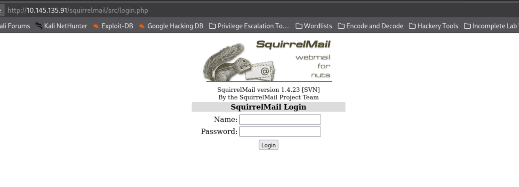 Squirrelmail login page at /squirrelmail/src/login.php